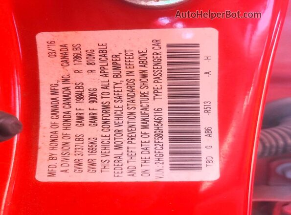 2HGFC2F58GH546116 2016 HONDA CIVIC Red VIN კოდის სტიკერის ხედი