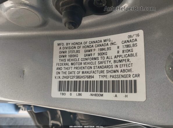 2HGFC2F58GH576894 2016 HONDA CIVIC Gray Շարժիչի բաժամունքի տեսք
