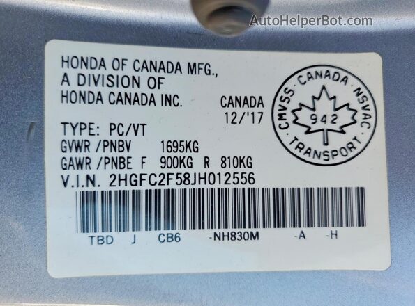 2HGFC2F58JH012556 2018 HONDA CIVIC Silver Widok naklejki z numerem VIN