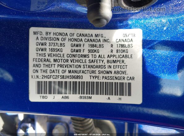 2HGFC2F58JH596893 2018 HONDA CIVIC Blue Вид підкапотного простору