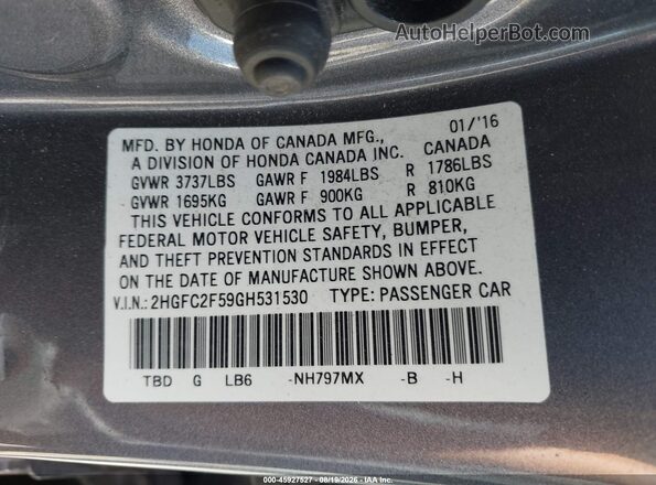 2HGFC2F59GH531530 2016 HONDA CIVIC Gray Շարժիչի բաժամունքի տեսք