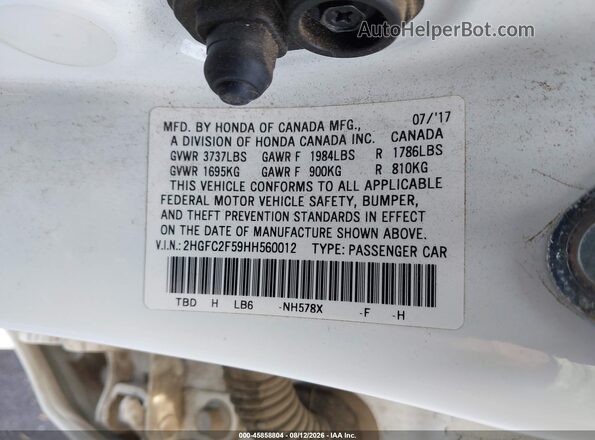 2HGFC2F59HH560012 2017 HONDA CIVIC White Vista del compartimento del motor