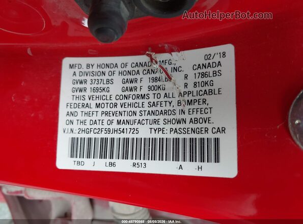 2HGFC2F59JH541725 2018 HONDA CIVIC Red Vista del compartimento del motor