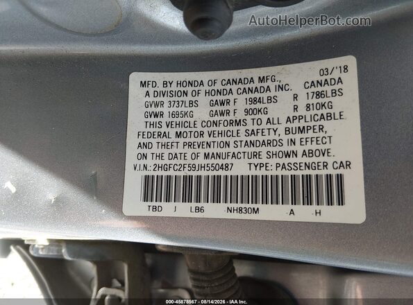 2HGFC2F59JH550487 2018 HONDA CIVIC Silver Vista del compartimento del motor