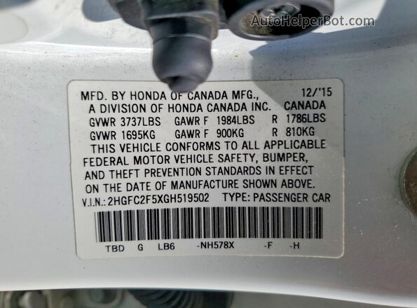 2HGFC2F5XGH519502 2016 HONDA CIVIC White VIN sticker view