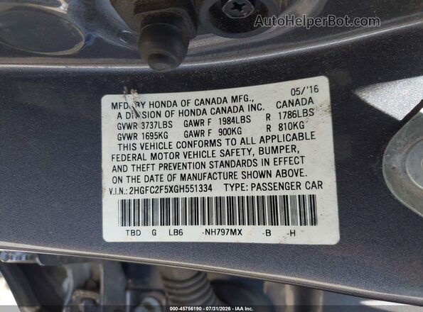 2HGFC2F5XGH551334 2016 HONDA CIVIC Серый Вид подкапотного пространства
