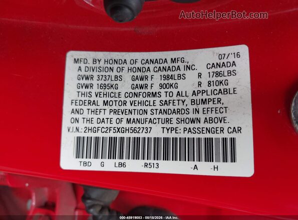 2HGFC2F5XGH562737 2016 HONDA CIVIC Red Widok komory silnika
