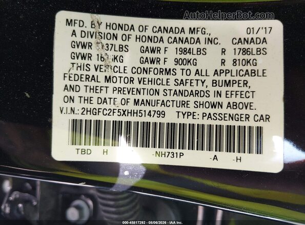 2HGFC2F5XHH514799 2017 HONDA CIVIC Black Շարժիչի բաժամունքի տեսք
