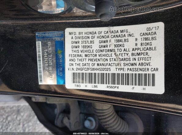 2HGFC2F5XHH532025 2017 HONDA CIVIC Black Widok komory silnika