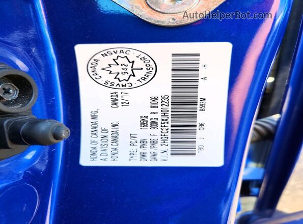 2HGFC2F5XJH012235 2018 HONDA CIVIC Blue Widok naklejki z numerem VIN