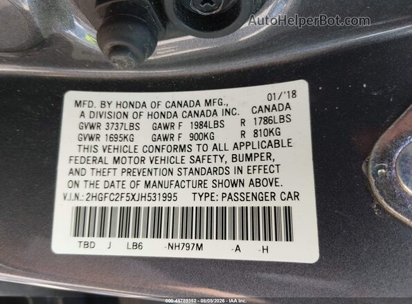 2HGFC2F5XJH531995 2018 HONDA CIVIC Серый Вид подкапотного пространства