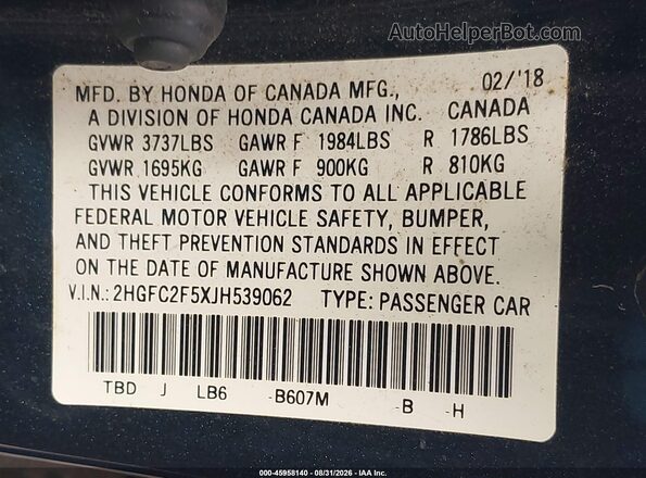2HGFC2F5XJH539062 2018 HONDA CIVIC Blue Widok komory silnika