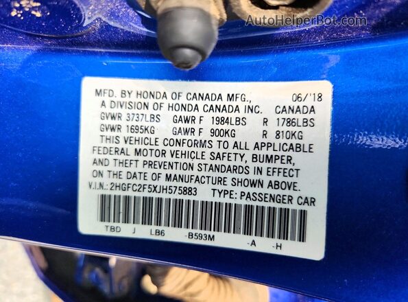 2HGFC2F5XJH575883 2018 HONDA CIVIC Blue Շարժիչի բաժամունքի տեսք