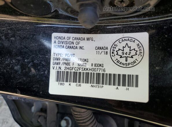 2HGFC2F5XKH007716 2019 HONDA CIVIC Black Շարժիչի բաժամունքի տեսք