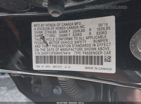 2HGFC2F60KH574414 2019 HONDA CIVIC Black Vista del compartimento del motor