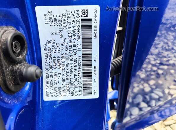 2HGFC2F60LH522573 2020 HONDA CIVIC Blue ძრავის განყოფილების ხედი