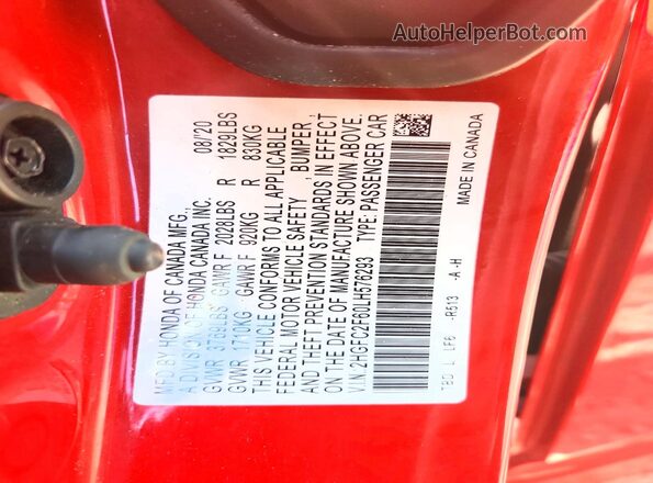 2HGFC2F60LH576293 2020 HONDA CIVIC Красный Вид наклейки с VIN-кодом