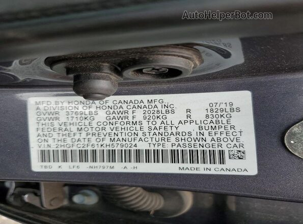 2HGFC2F61KH579024 2019 HONDA CIVIC Gray Вид підкапотного простору