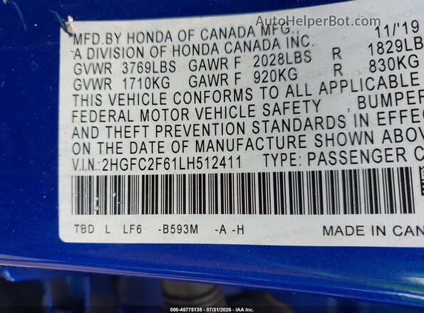 2HGFC2F61LH512411 2020 HONDA CIVIC Blue Widok komory silnika