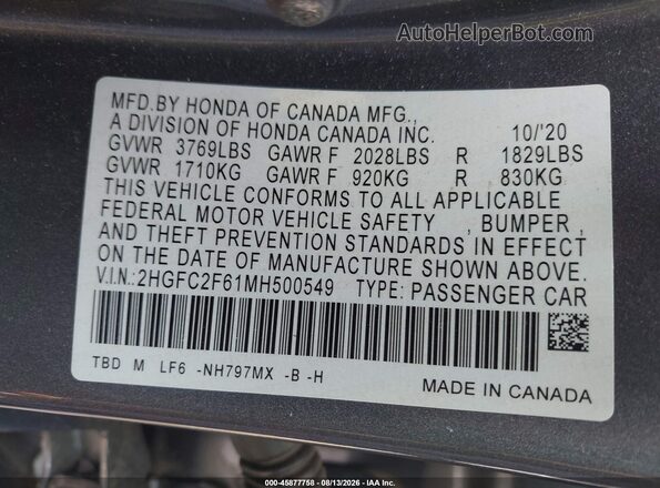 2HGFC2F61MH500549 2021 HONDA CIVIC Gray Widok komory silnika