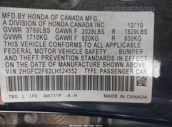 2HGFC2F62LH524552 2020 HONDA CIVIC Черный Вид подкапотного пространства