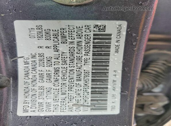 2HGFC2F63KH579087 2019 HONDA CIVIC Gray VIN sticker view