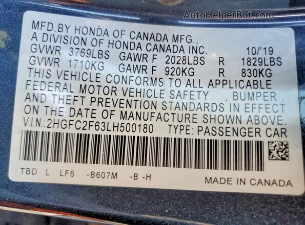 2HGFC2F63LH500180 2020 HONDA CIVIC Blue Widok komory silnika