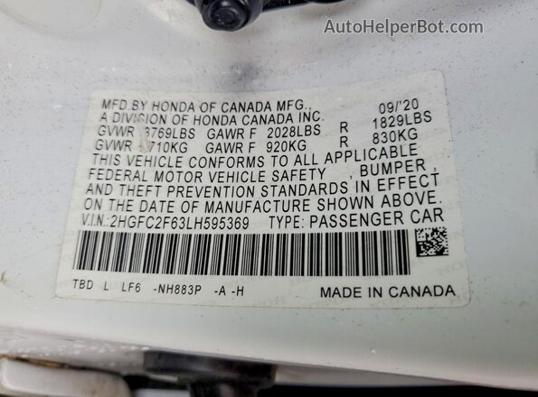 2HGFC2F63LH595369 2020 HONDA CIVIC White Շարժիչի բաժամունքի տեսք