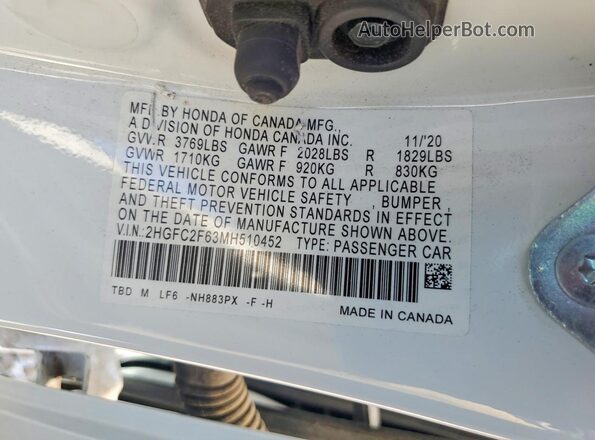 2HGFC2F63MH510452 2021 HONDA CIVIC White Vista del compartimento del motor