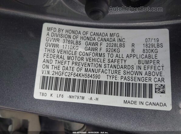 2HGFC2F64KH584590 2019 HONDA CIVIC Gray Widok komory silnika