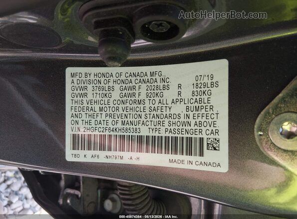 2HGFC2F64KH585383 2019 HONDA CIVIC Gray Widok komory silnika