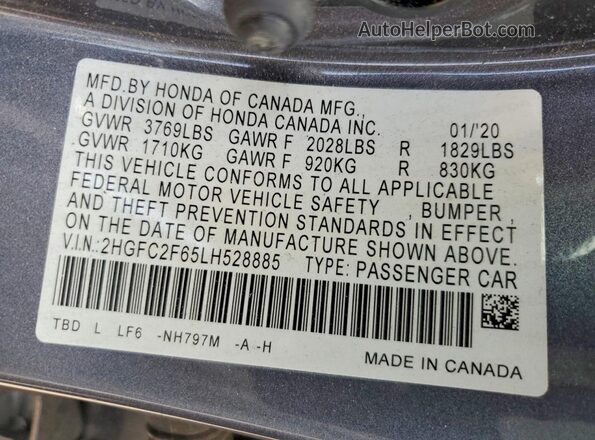 2HGFC2F65LH528885 2020 HONDA CIVIC Gray Вид наклейки з VIN-кодом