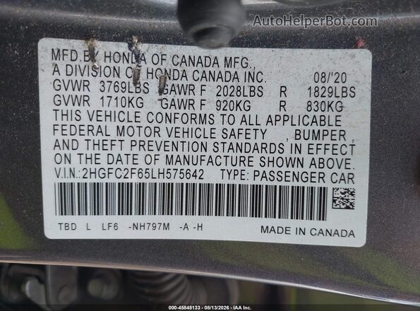 2HGFC2F65LH575642 2020 HONDA CIVIC Gray Engine compartment view