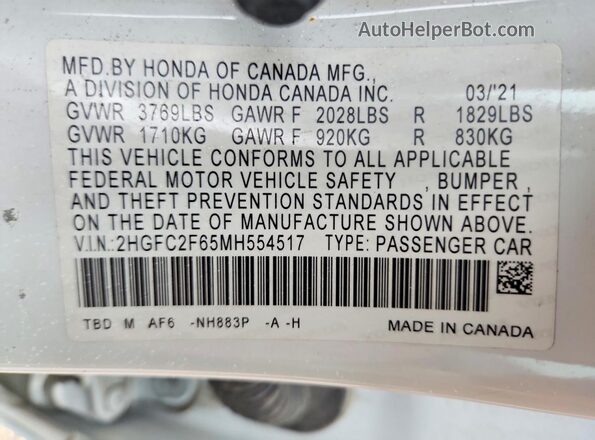 2HGFC2F65MH554517 2021 HONDA CIVIC White Widok komory silnika