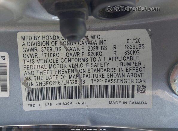 2HGFC2F67LH528306 2020 HONDA CIVIC Silver Widok komory silnika