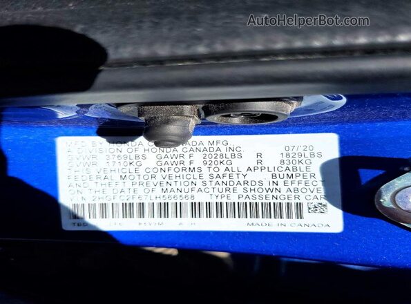 2HGFC2F67LH566568 2020 HONDA CIVIC Blue VIN კოდის სტიკერის ხედი