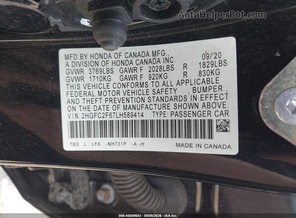 2HGFC2F67LH589414 2020 HONDA CIVIC Black Engine compartment view