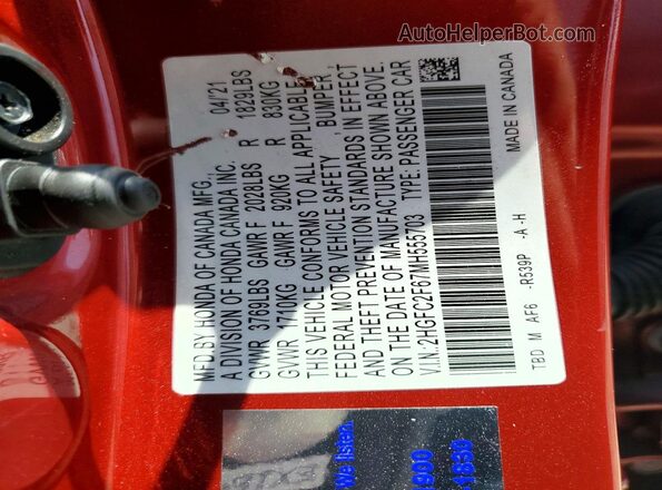 2HGFC2F67MH555703 2021 HONDA CIVIC Red Vista del compartimento del motor