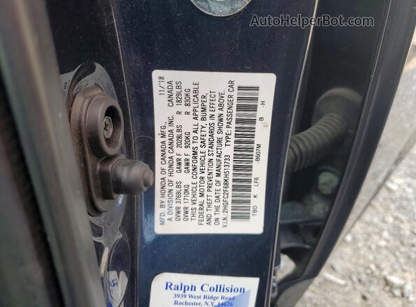 2HGFC2F68KH513733 2019 HONDA CIVIC Blue Շարժիչի բաժամունքի տեսք