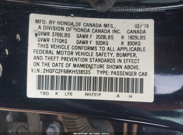 2HGFC2F68KH538535 2019 HONDA CIVIC Black Շարժիչի բաժամունքի տեսք