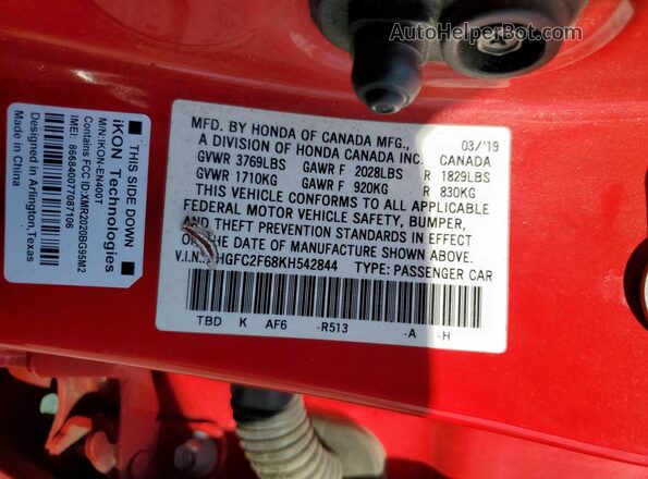 2HGFC2F68KH542844 2019 HONDA CIVIC Red Вид підкапотного простору