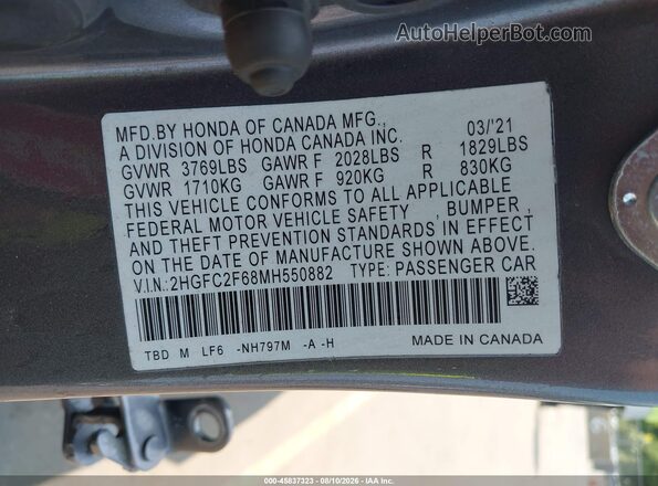 2HGFC2F68MH550882 2021 HONDA CIVIC Gray Շարժիչի բաժամունքի տեսք