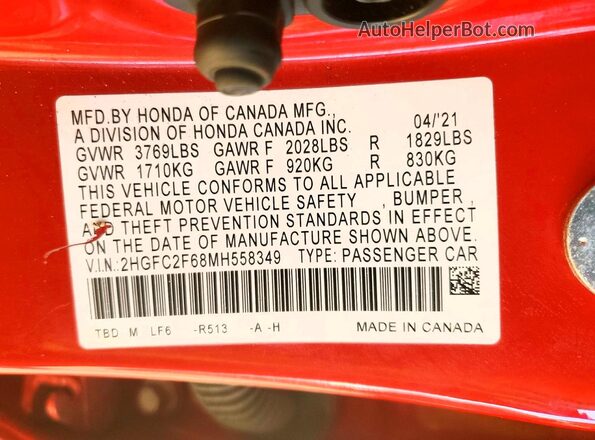2HGFC2F68MH558349 2021 HONDA CIVIC Red ძრავის განყოფილების ხედი