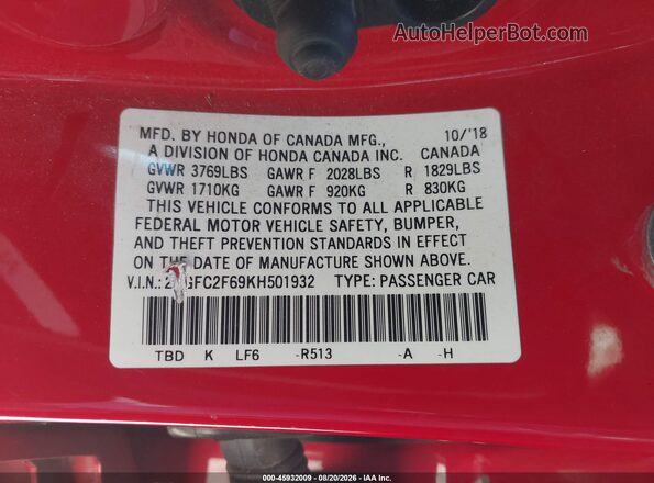 2HGFC2F69KH501932 2019 HONDA CIVIC Red Вид підкапотного простору