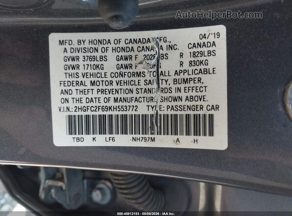 2HGFC2F69KH553772 2019 HONDA CIVIC Серый Вид подкапотного пространства
