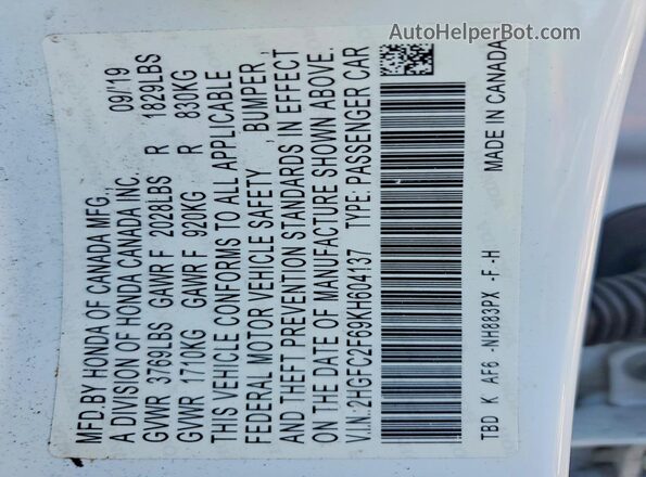2HGFC2F69KH604137 2019 HONDA CIVIC White Vista del compartimento del motor