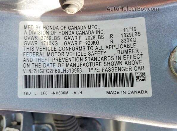2HGFC2F69LH513953 2020 HONDA CIVIC Серебряный Вид наклейки с VIN-кодом