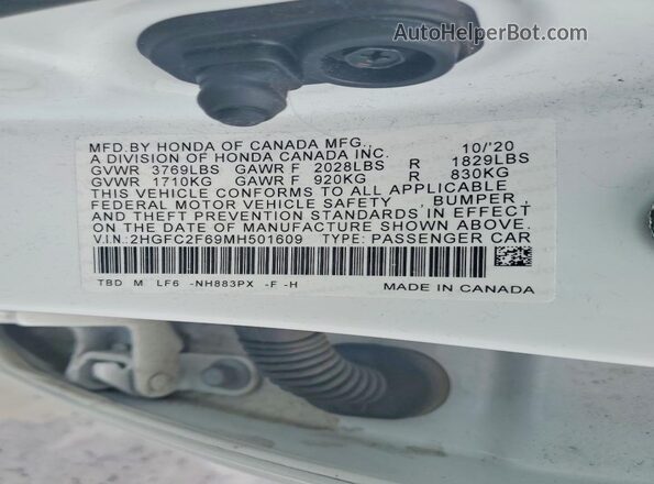 2HGFC2F69MH501609 2021 HONDA CIVIC White Vista de la etiqueta del VIN