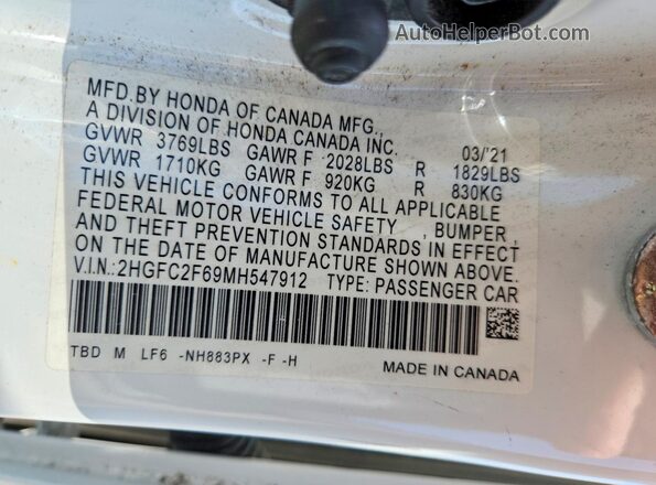 2HGFC2F69MH547912 2021 HONDA CIVIC White Engine compartment view