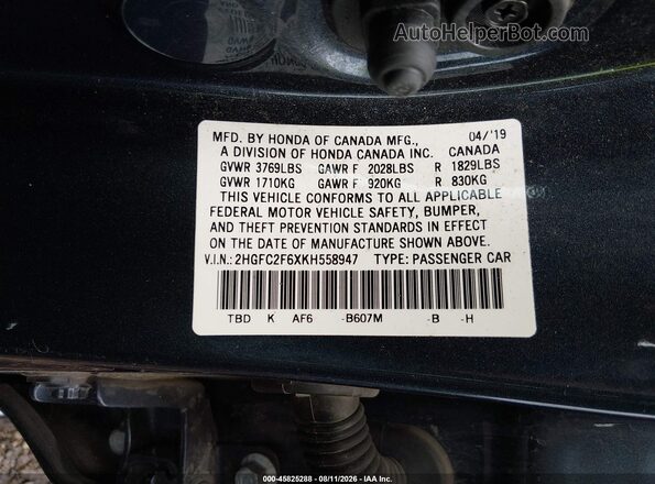 2HGFC2F6XKH558947 2019 HONDA CIVIC Dark Blue ძრავის განყოფილების ხედი